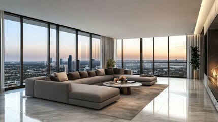 Fototapeta premium Spacious living area featuring a plush gray sofa, elegant marble coffee table, and floor-to-ceiling windows that showcase stunning panoramic views.