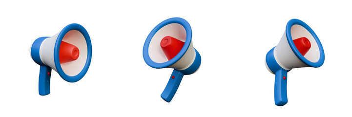 3D render of a megaphone from different angles. Isolated on a transparent background