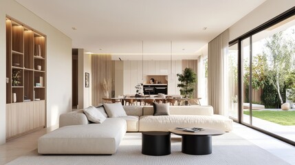 Fototapeta premium Spacious, modern home with ample natural light. Living room interior design concept. 3D rendering.