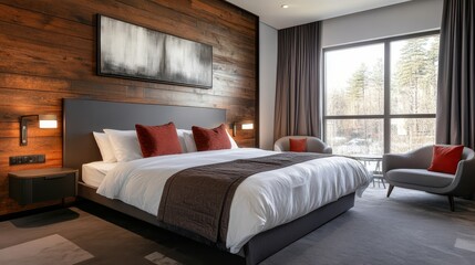 Spacious room with modern decor features a large bed against a dark wood accent wall, creating a stylish and inviting ambiance.