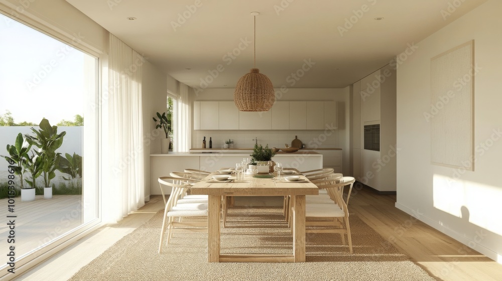 Poster a spacious dining area showcases a wooden table set for a meal. sunlight floods through large window