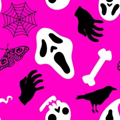 Halloween monsters seamless ghost and bones and web pattern for wrapping