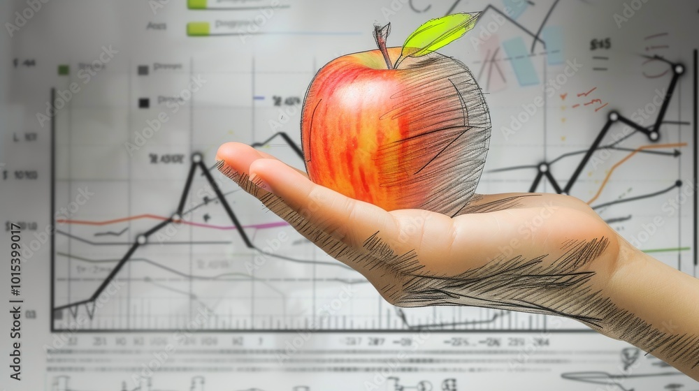 Poster a hand holding a vibrant red apple with a sketched effect, set against the backdrop of various finan
