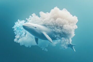 Fototapeta premium A white whale with a cloud of white fur on its back is flying through the sky