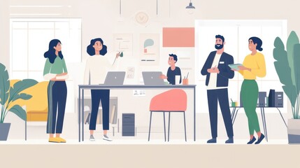 A diverse team having a standing meeting, casually discussing a project in a bright, open office.