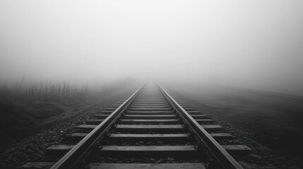 Fototapeta premium A dramatic black-and-white shot of railway tracks disappearing into a foggy horizon, with a sense of mystery and solitude.