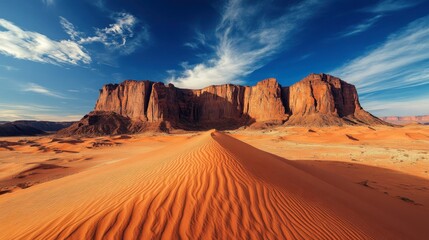 Naklejka premium A dramatic landscape shot of an orange-hued desert with sand dunes and rugged rock formations under a deep blue sky.