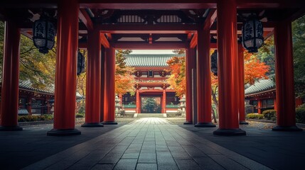 A dramatic shot of the entrance to a Japanese temple, with tall red pillars and hanging lanterns.