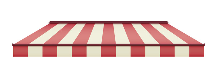 Striped awning for cafe. Striped shop canopy. Store or cafe sunshade awning.