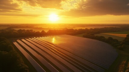Fototapeta premium A drone aerial view of a large solar farm in a rural area, with the sun setting behind the panels.