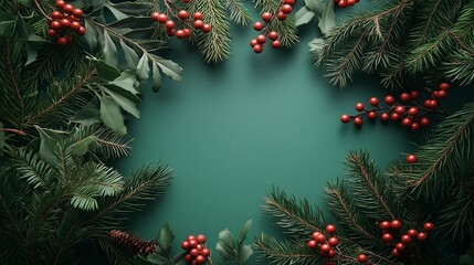 A lush arrangement of Christmas foliage and red berries on a green backdrop. Copy space.