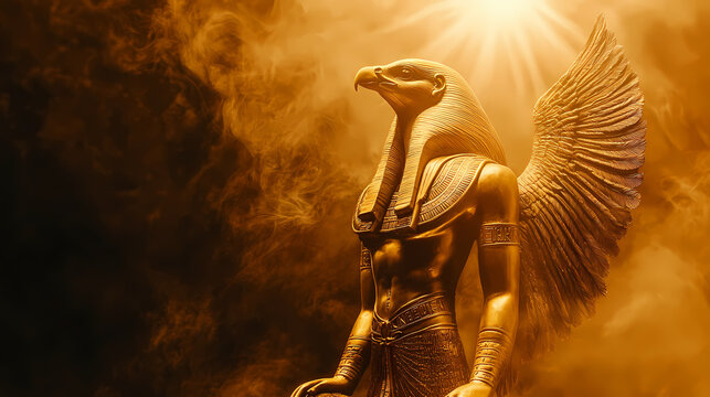 Sun god ra in metal statue. a golden hawk king representing powerful egyptian sun god depicted on a black smoky background. Sun God. Illustration