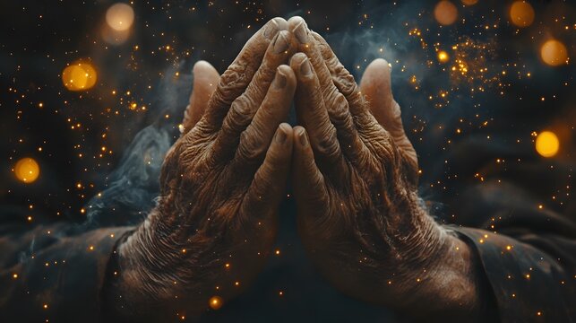 A pair of hands clasped together in a gesture of prayer, set against a dark background filled with glowing stars. 