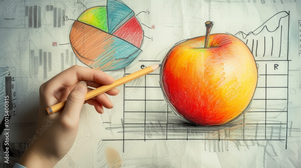 Aufkleber a close-up of a hand drawing a vibrant apple on a paper filled with business graphs and pie charts. 