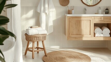 A bright and inviting bathroom showcases a wooden vanity with neatly stacked towels, a woven stool, and a round rug, all bathed in warm sunlight filtering through the window.