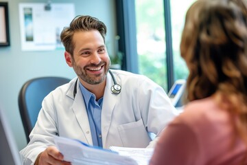 Fototapeta premium Doctor in lab coat talks to patient at desk in office. Male healthcare pro shows medical report to female patient. Woman sits in clinic, listens to doctor explanation.