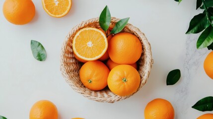 A flat-lay of freshly picked oranges arranged in a basket with a few sprigs of green leaves, on a white kitchen counter.
