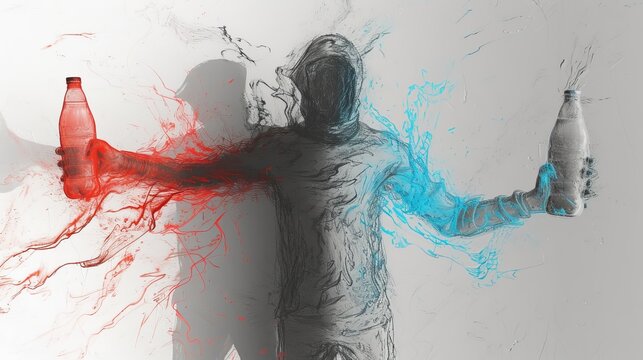 A faceless, hooded figure holds two bottles emitting blue and red splashes of liquid, blending fluid motion with surrealism. A striking visual of contrast and energy.