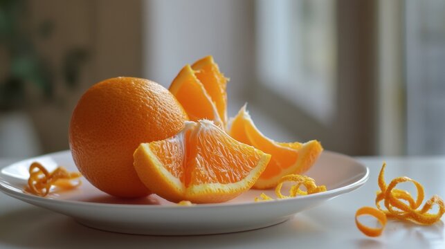 A freshly peeled orange with its segments displayed on a white plate, with a few orange zest curls scattered around.