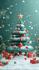 Obraz premium Origami Christmas Tree With Christmas Star In Top Light Snow And Presents, With Copy Space, Christmas Holiday, Holiday Season.