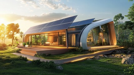 Obraz premium A futuristic smart home powered entirely by solar energy, with large panels integrated into the roof and walls.