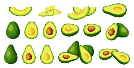 Set of fresh avocados in cartoon style. Vector illustration of delicious avocados with pits, halves, wholes, slices isolated on white background. Useful and nutritious fruits.Healthy snack. Breakfast.