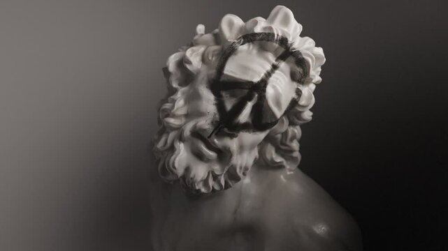 Marble head of Laocoon with graffiti in the form of a pacifist sign on his face, ancient Greek sculpture, 3d render