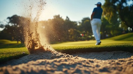 Fototapeta premium A golfer hitting a perfect shot out of a sand trap, sand flying up as the ball soars.
