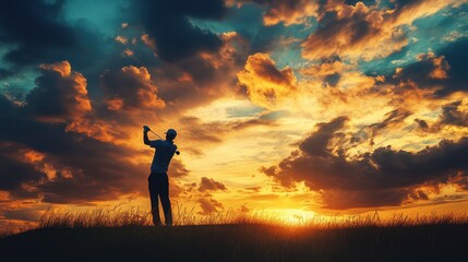 Fototapeta premium A golfer driving a ball off the tee, with a dramatic sunset filling the sky behind them.