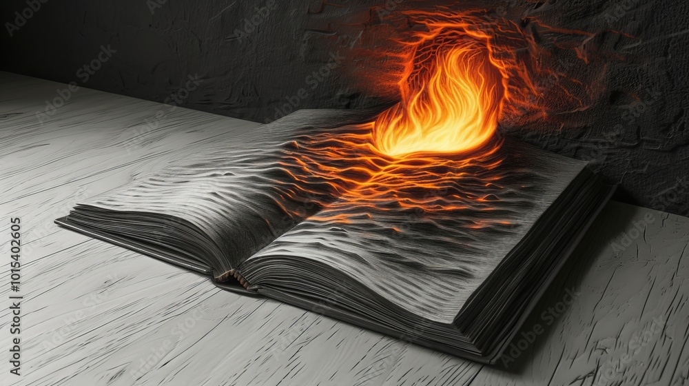 Poster this artistic image shows an open book with vivid flames emerging from its center, creating a striki