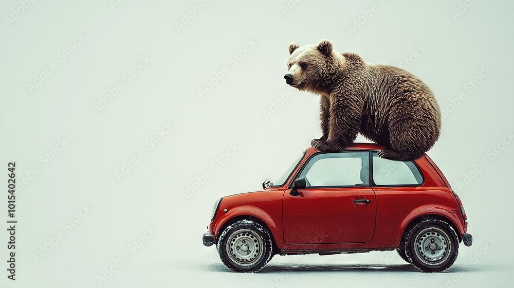 Canvas Prints   A brown bear perched atop a red car against a white backdrop with a tiny car in the foreground