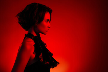 Photo of stunning glamour woman wear vintage luxury dress empty space isolated on dark red color background