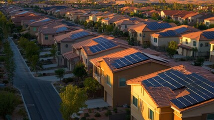 Fototapeta premium A high-angle shot of a residential community with solar panels on every roof, showcasing widespread solar adoption.