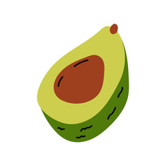 A ripe avocado cut in half displaying its green flesh and brown seed on a clean background