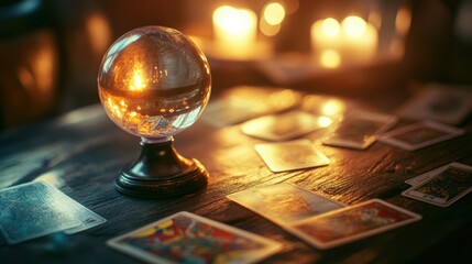 glowing crystal ball resting on an ornate wooden stand,with tarot cards and candle lights, magic scene