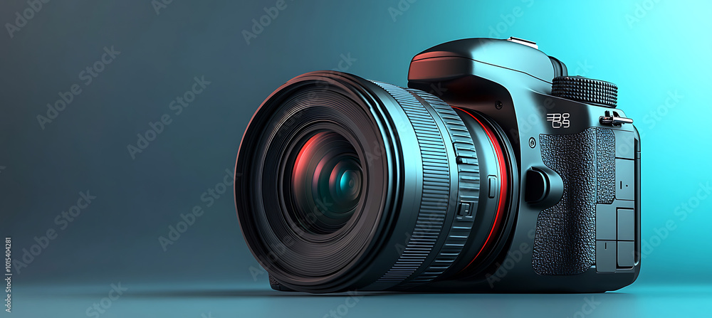 Poster a digital camera on a sleek plain surface with space for product features beside it