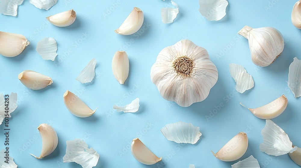 Poster image of blue background with garlic cloves arranged symmetrically and centered by one solitary clov