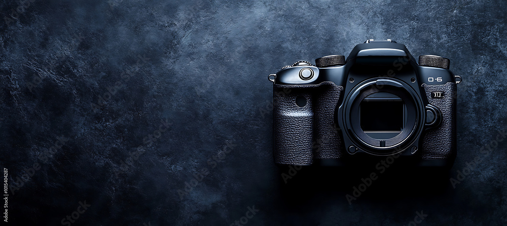 Poster a digital camera on a sleek plain surface with space for product features beside it