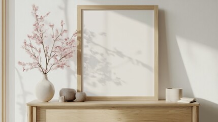 Stylish and comfortable living room interior with mock up poster frame, wooden console, flowers in vase, and personal accessories. Modern home decor template.