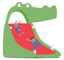 Two Happy Children Enjoy A Fun Day As They Slide Down Giant Crocodile-Themed Inflatable Attraction At A Park