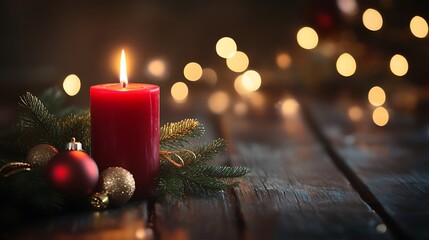 Red candle with pine branches and a single Christmas ornament on wood, soft bokeh lights creating a festive atmosphere, space for text.