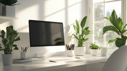 A minimalist office desk with a sleek computer setup, potted plants, and natural light streaming through the window.