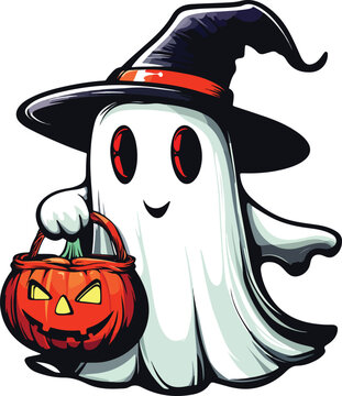 ghost wearing witch hat holding pumpkin clip art preview