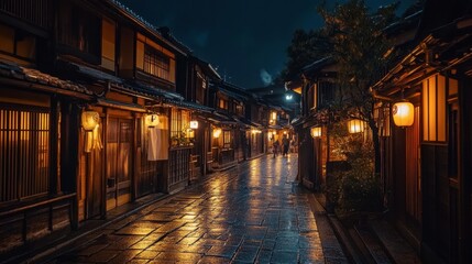 Fototapeta premium A nighttime view of Gion district in Kyoto, with lantern-lit streets and wooden buildings.