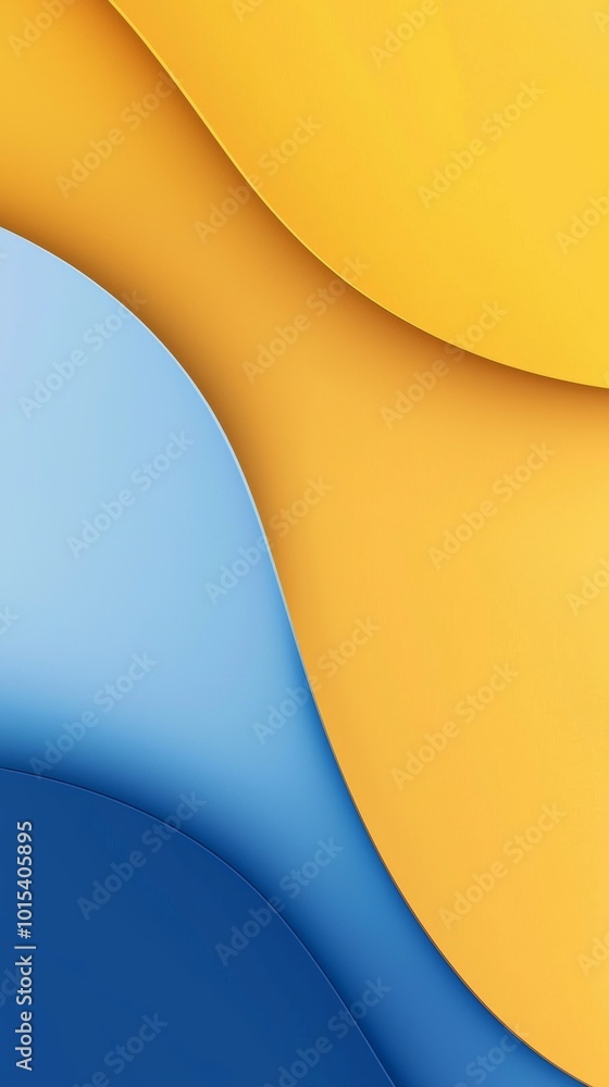 Poster minimalist design featuring curved and overlapping shapes in shades of blue and yellow, creating a s