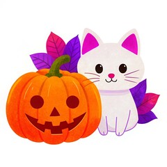Cute white cat beside smiling pumpkin, Halloween, autumn illustration