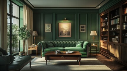 Fototapeta premium Stylish living room features green walls, dark wood floors, a green sofa by a long wooden coffee table, and a dark wood bookcase. (65 characters)