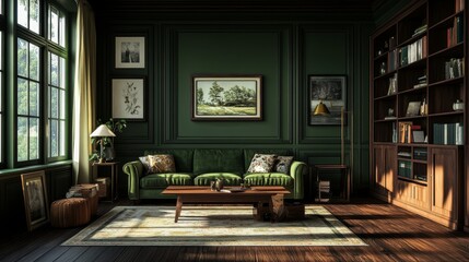 Fototapeta premium Stylish living room features green walls, dark wood floors, a green sofa by a long wooden coffee table, and a dark wood bookcase. (65 characters)