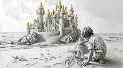 A whimsical scene of a young child constructing an elaborate sandcastle that mirrors the architecture of a grand medieval fortress. The castle