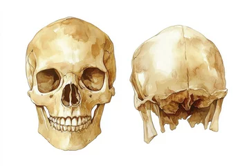 The color watercolor drawing of a human skull anatomy realism art is suitable for use on a cover, sticker, website, illustration, poster, or other design project.
